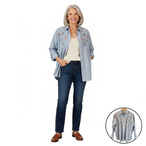 Vintage 80s Button Up Top Sz 20W Chambray Denim Embroidery Grannny Cottage Chic - Picture 6 of 6